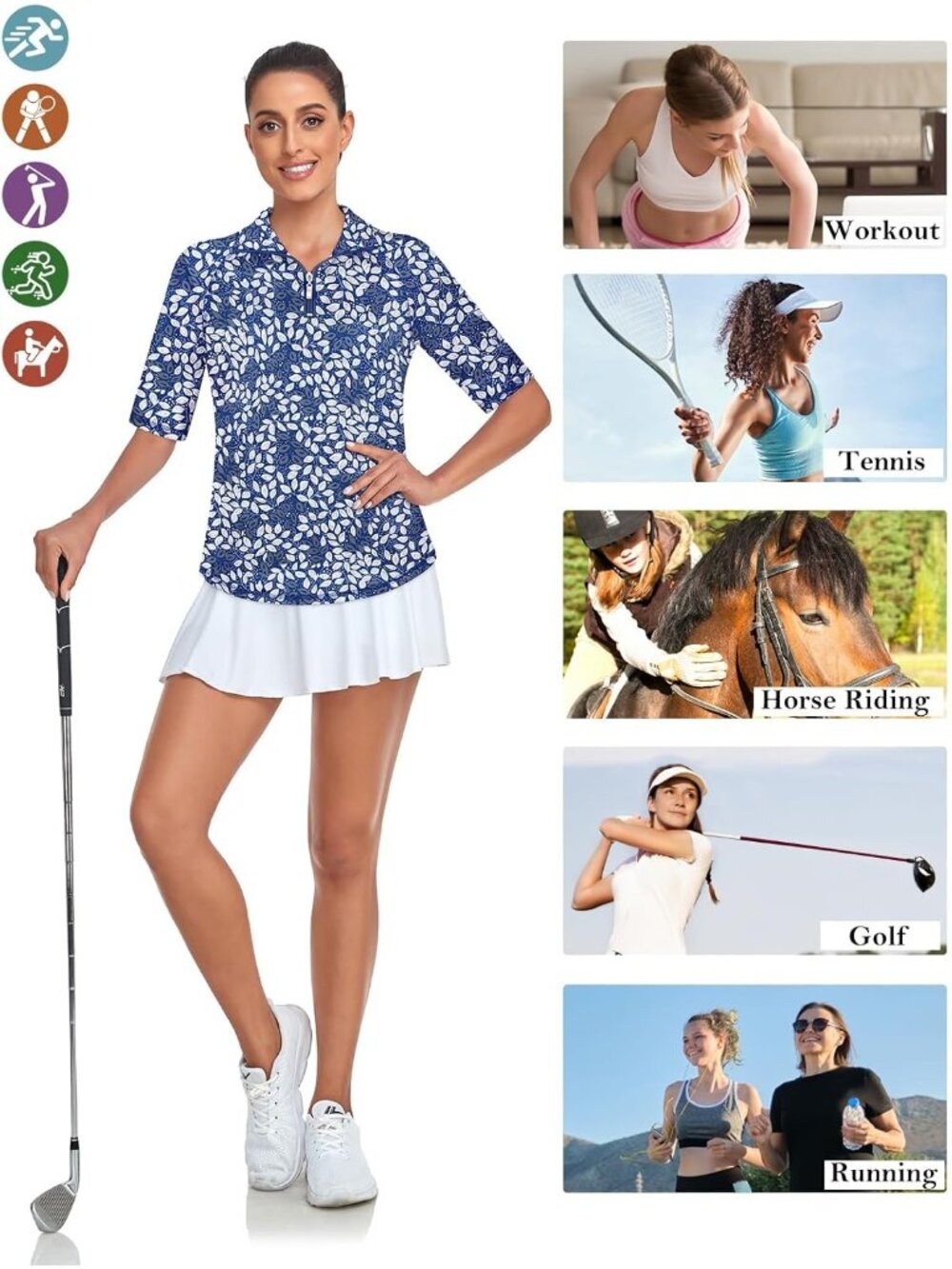Women Blue-white Leaf Golf Shirt Quick Dry Half Sleeve 1/4 Zip Tennis Top M-3XL - Picture 4 of 5